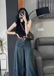 Italian Blue Pockets High Waist Denim Wide Leg Pants Spring