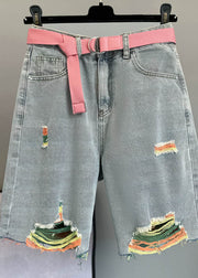 Italian Blue Pockets Sashes Hole Half Jeans Summer