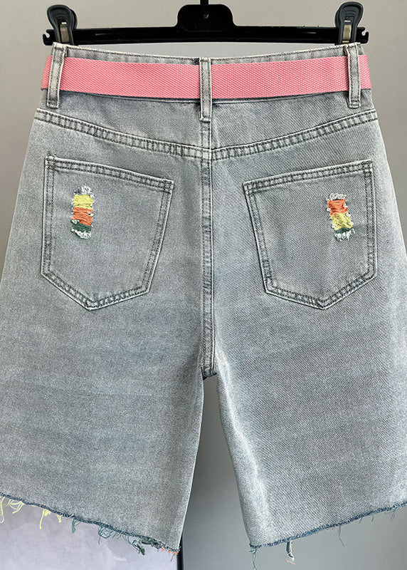 Italian Blue Pockets Sashes Hole Half Jeans Summer