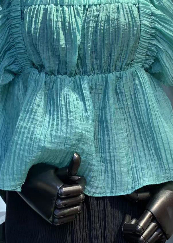 Italian Blue Ruffled Patchwork Chiffon Shirt Top Summer