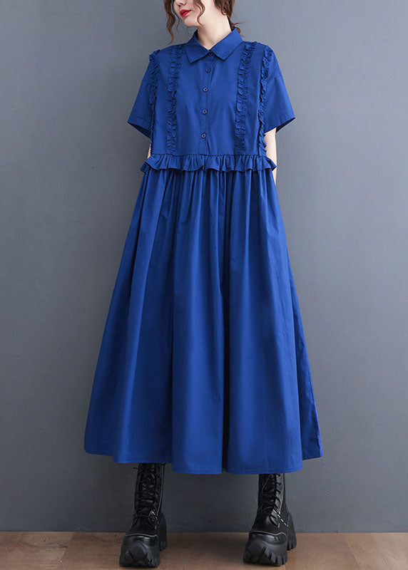 Italian Blue Ruffled Patchwork Long Cotton Shirts Dresses Summer