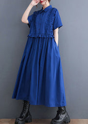 Italian Blue Ruffled Patchwork Long Cotton Shirts Dresses Summer