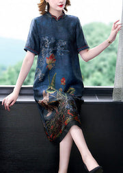 Italian Blue Stand Collar Patchwork Silk Dresses Summer