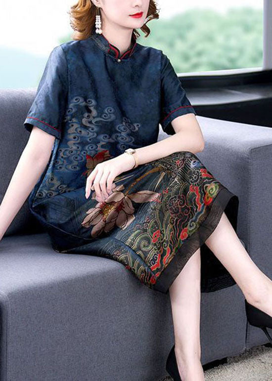 Italian Blue Stand Collar Patchwork Silk Dresses Summer