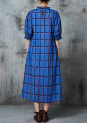 Italian Blue Stand Collar Plaid Cotton Vacation Dresses Summer