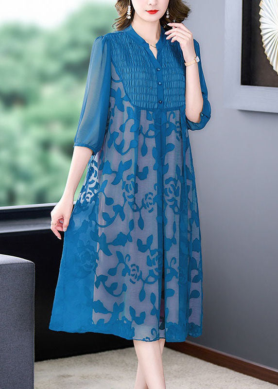 Italian Blue Stand Collar Print Patchwork Chiffon Dresses Summer