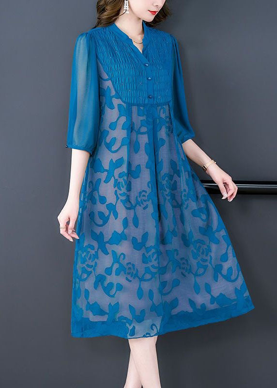 Italian Blue Stand Collar Print Patchwork Chiffon Dresses Summer