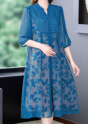 Italian Blue Stand Collar Print Patchwork Chiffon Dresses Summer