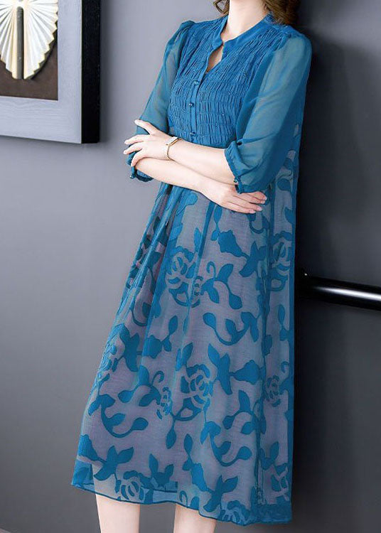 Italian Blue Stand Collar Print Patchwork Chiffon Dresses Summer