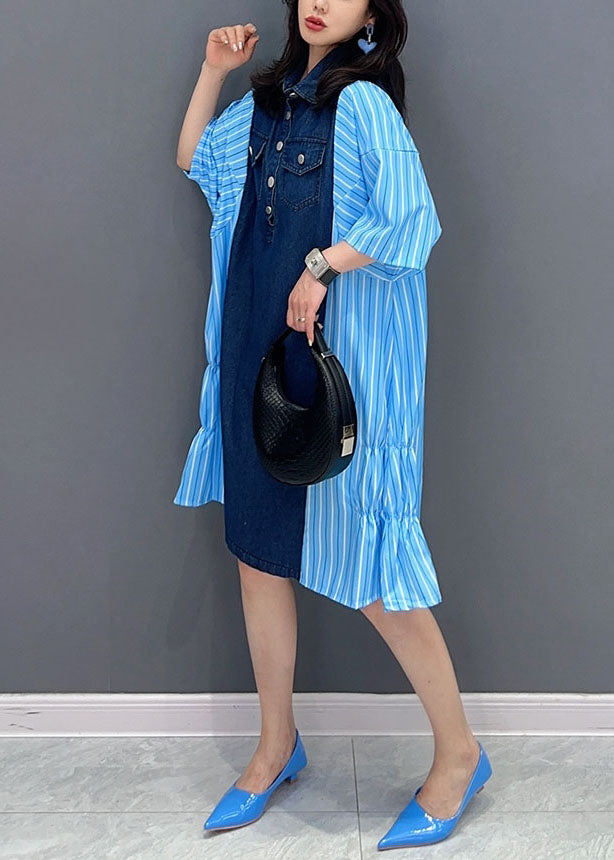 Italian Blue Striped Denim Patchwork Cotton Shirts Dresses Summer