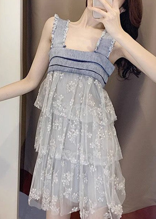 Italian Blue Tulle Patchwork Mid Dress Sleeveless
