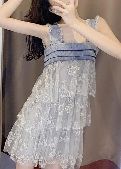 Italian Blue Tulle Patchwork Mid Dress Sleeveless