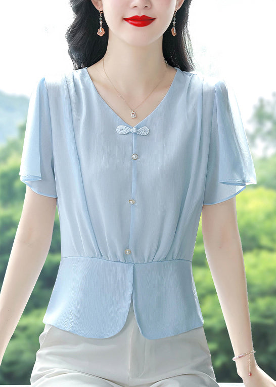 Italian Blue V Neck Button Chiffon Blouses Summer