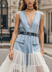 Italian Blue V Neck Patchwork Denim Cinched Dresses Sleeveless