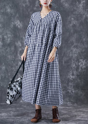 Italian Blue V Neck Patchwork Plaid Cotton Long Dress Summer