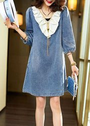 Italian Blue V Neck Ruffled Patchwork Denim Dress Bracelet Sleeve