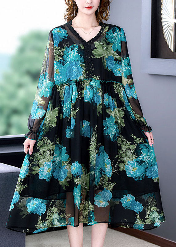 Italian Blue V Neck Ruffled Print Patchwork Chiffon Mid Dress Long Sleeve