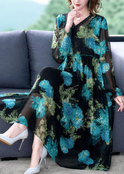 Italian Blue V Neck Ruffled Print Patchwork Chiffon Mid Dress Long Sleeve