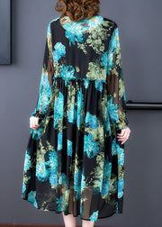 Italian Blue V Neck Ruffled Print Patchwork Chiffon Mid Dress Long Sleeve