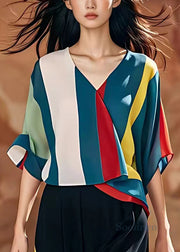 Italian Blue V Neck Striped Patchwork Chiffon Blouses Half Sleeve