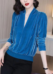 Italian Blue V Neck Wrinkled Patchwork Velour Shirts Fall