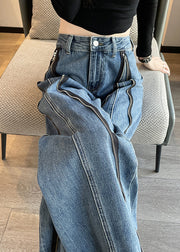 Italian Blue Zip Up Pockets Denim Wide Leg Pants Spring