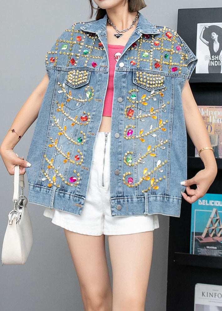 Italian Blue Zircon Rivet Patchwork Denim Vest Sleeveless