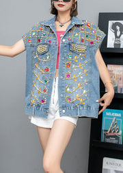 Italian Blue Zircon Rivet Patchwork Denim Vest Sleeveless