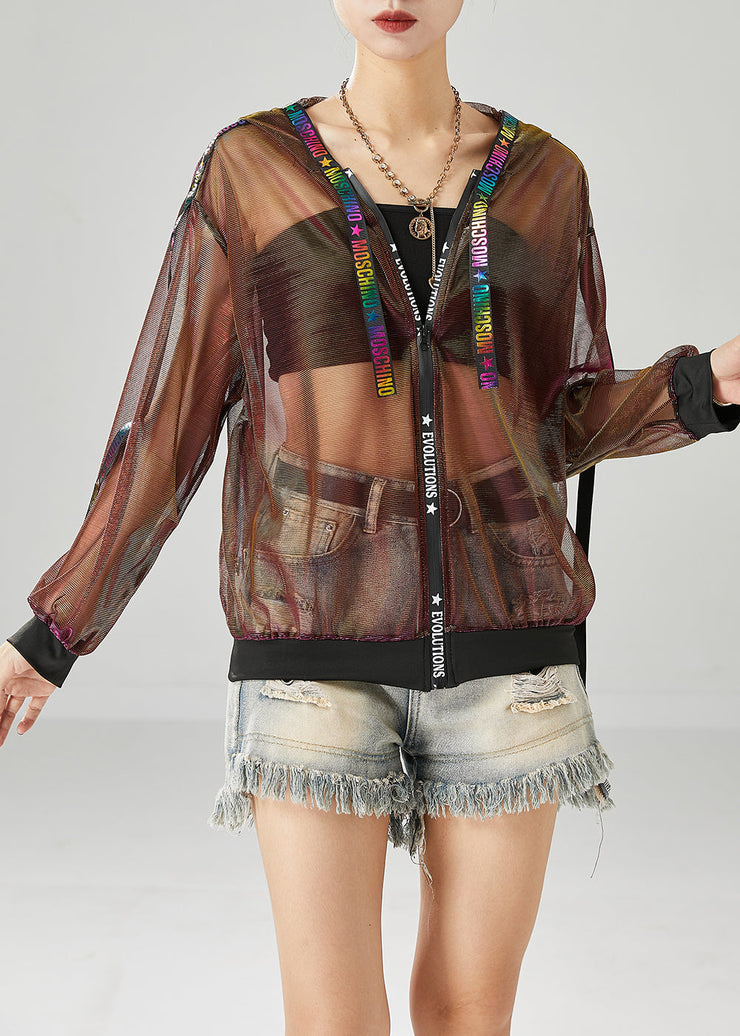 Italian Brown Hooded Patchwork Hollow Out Tulle Coats Fall