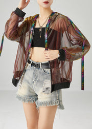 Italian Brown Hooded Patchwork Hollow Out Tulle Coats Fall