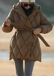 Italian Brown Hooded Tie Waist Duck Down Puffer Coat Winter