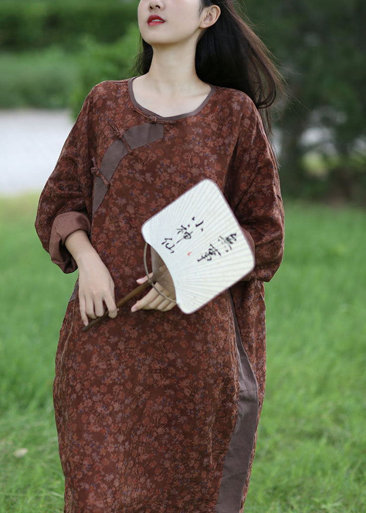 Italian Brown O-Neck Oversized Patchwork Print Linen Vacation Dresses Spring