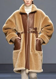 Italian Brown Oversized Patchwork Pockets Teddy Wool Coats Winter