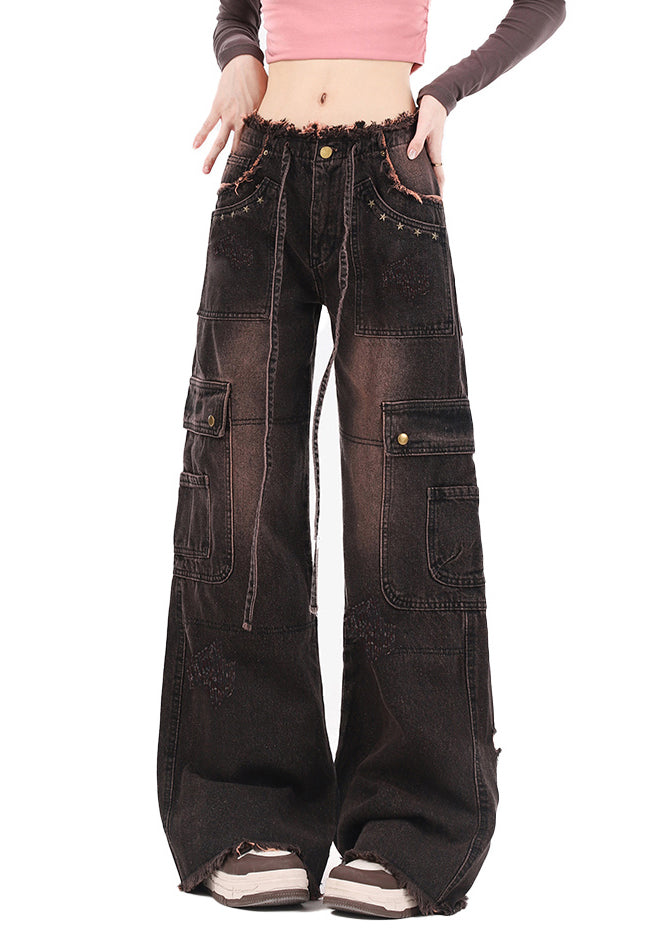 Italian Brown Pockets Patchwork Denim Straight Pants Spring