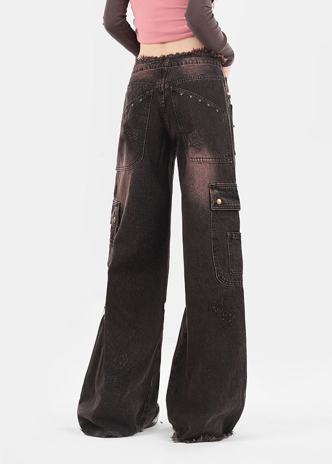 Italian Brown Pockets Patchwork Denim Straight Pants Spring