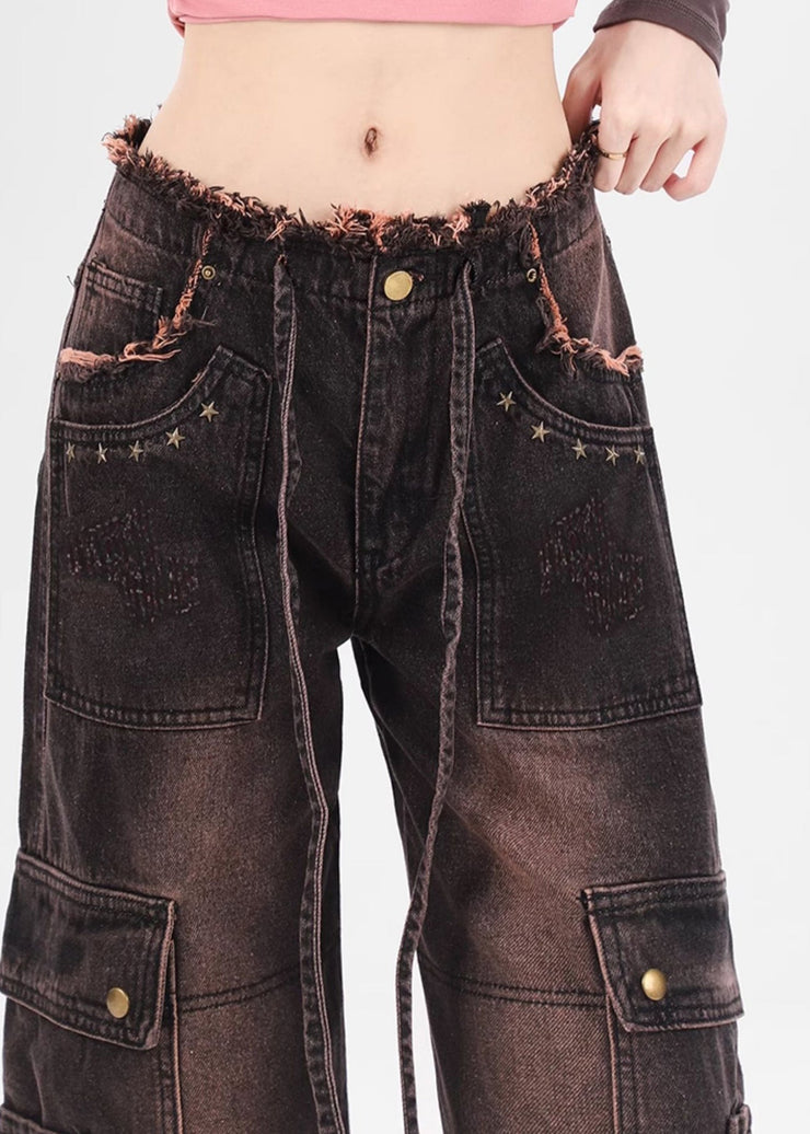 Italian Brown Pockets Patchwork Denim Straight Pants Spring