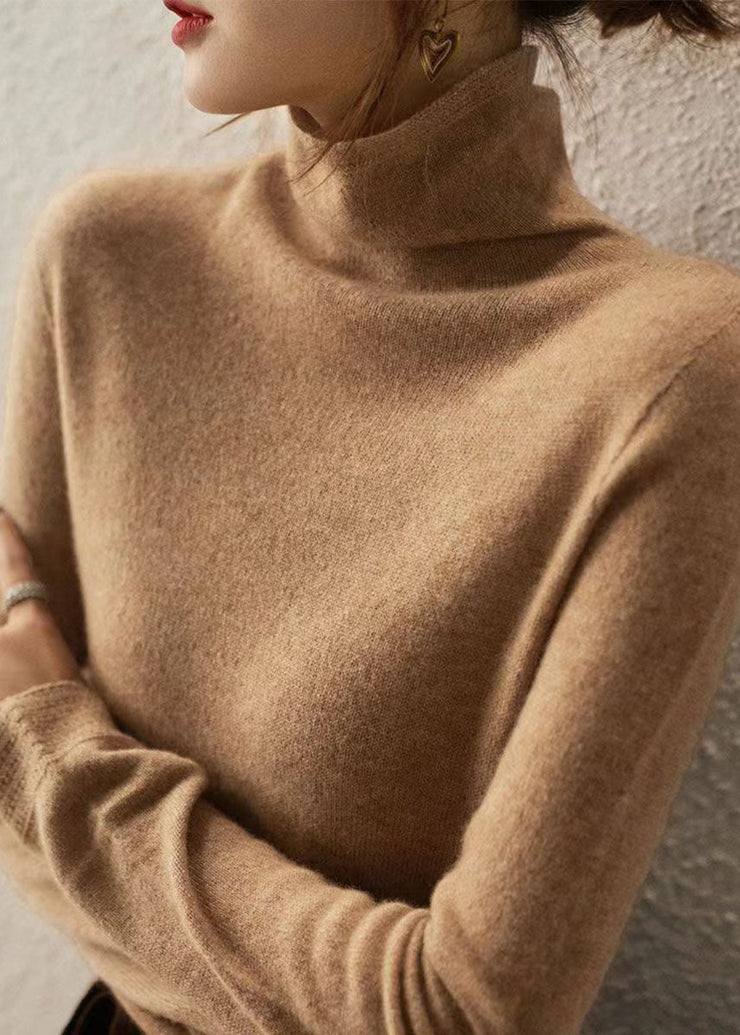 Italian Camel Hign Neck Wool Knitted Sweaters Tops Fall