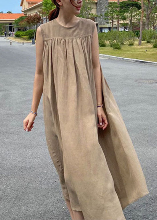 Italian Camel O Neck Wrinkled Patchwork Linen Maternity Dress Sleeveless