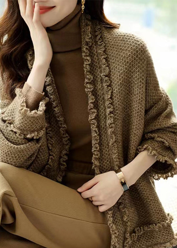 Italian Camel V Neck Ruffled Patchwork Knit Cardigans Fall