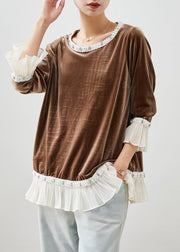 Italian Chocolate Nail Bead Patchwork Ruffles Silk Velour Shirts Flare Sleeve