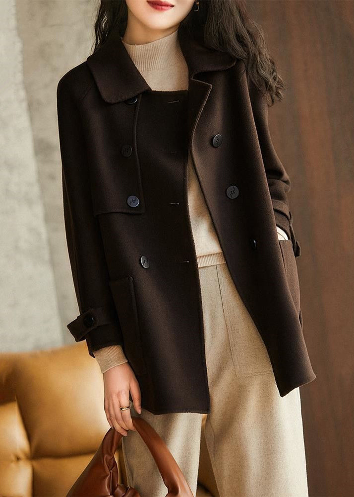 Italian Coffee Double Breast Pockets Patchwork Woolen Coat Fall