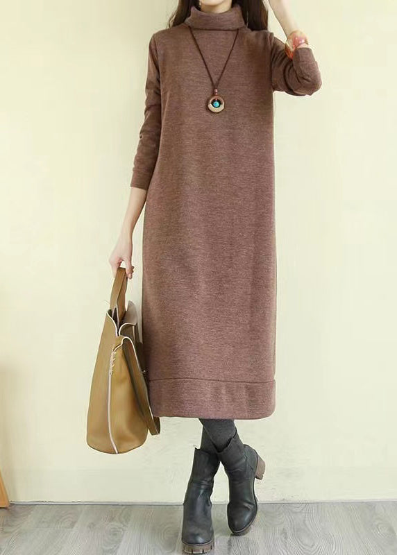 Italian Coffee Hign Neck Patchwork Cotton Long Dress Fall