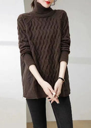 Italian Coffee Hign Neck Zippered Patchwork Knit Sweater Winter