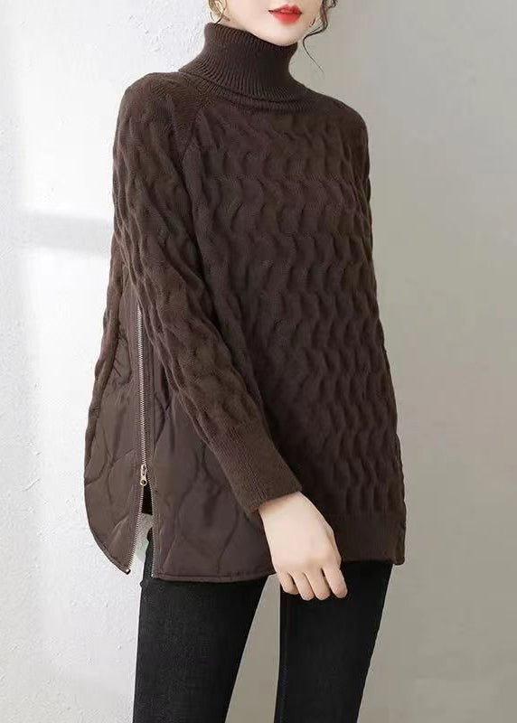 Italian Coffee Hign Neck Zippered Patchwork Knit Sweater Winter