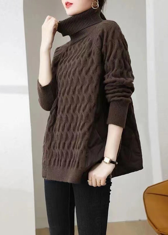 Italian Coffee Hign Neck Zippered Patchwork Knit Sweater Winter