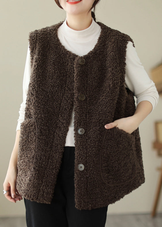 Italian Coffee O Neck Pockets Button Faux Fur Vest Sleeveless