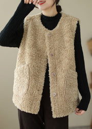 Italian Coffee O Neck Pockets Button Faux Fur Vest Sleeveless