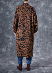 Italian Coffee Oversized Leopard Print Pockets Cotton Trench Coat Spring