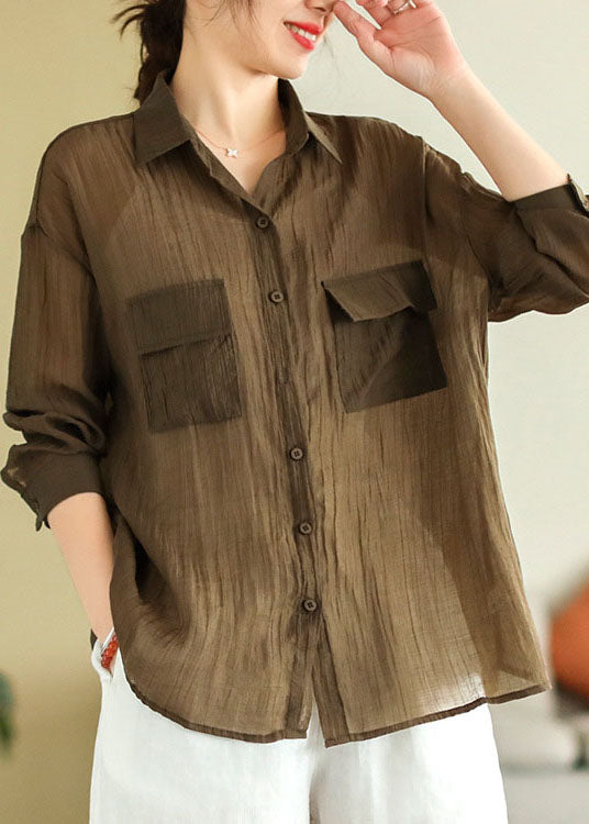 Italian Coffee Peter Pan Collar Wrinkled Patchwork Linen Shirt Top Spring