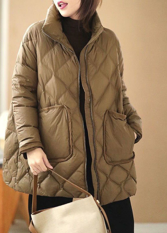 Italian Chocolate Stand Collar Zip Up Pockets Duck Down Puffers Jackets Winter